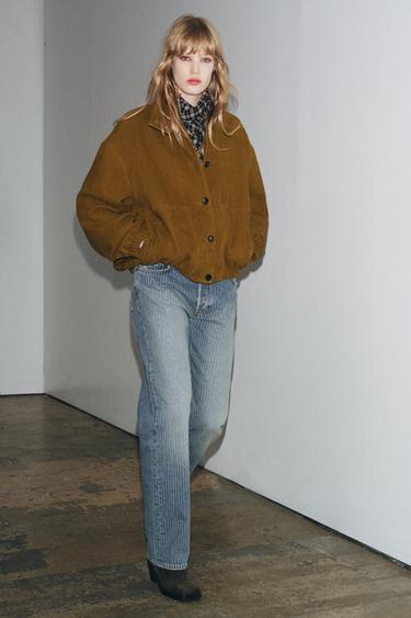 100% LEATHER BOMBER JACKET ZW COLLECTION LIMITED EDITION - Khaki by Zara