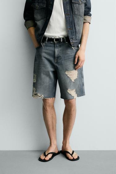 Zara BERMUDE OD TRAPERA RELAXED KROJA S PODEROTINAMA – plava / zelena