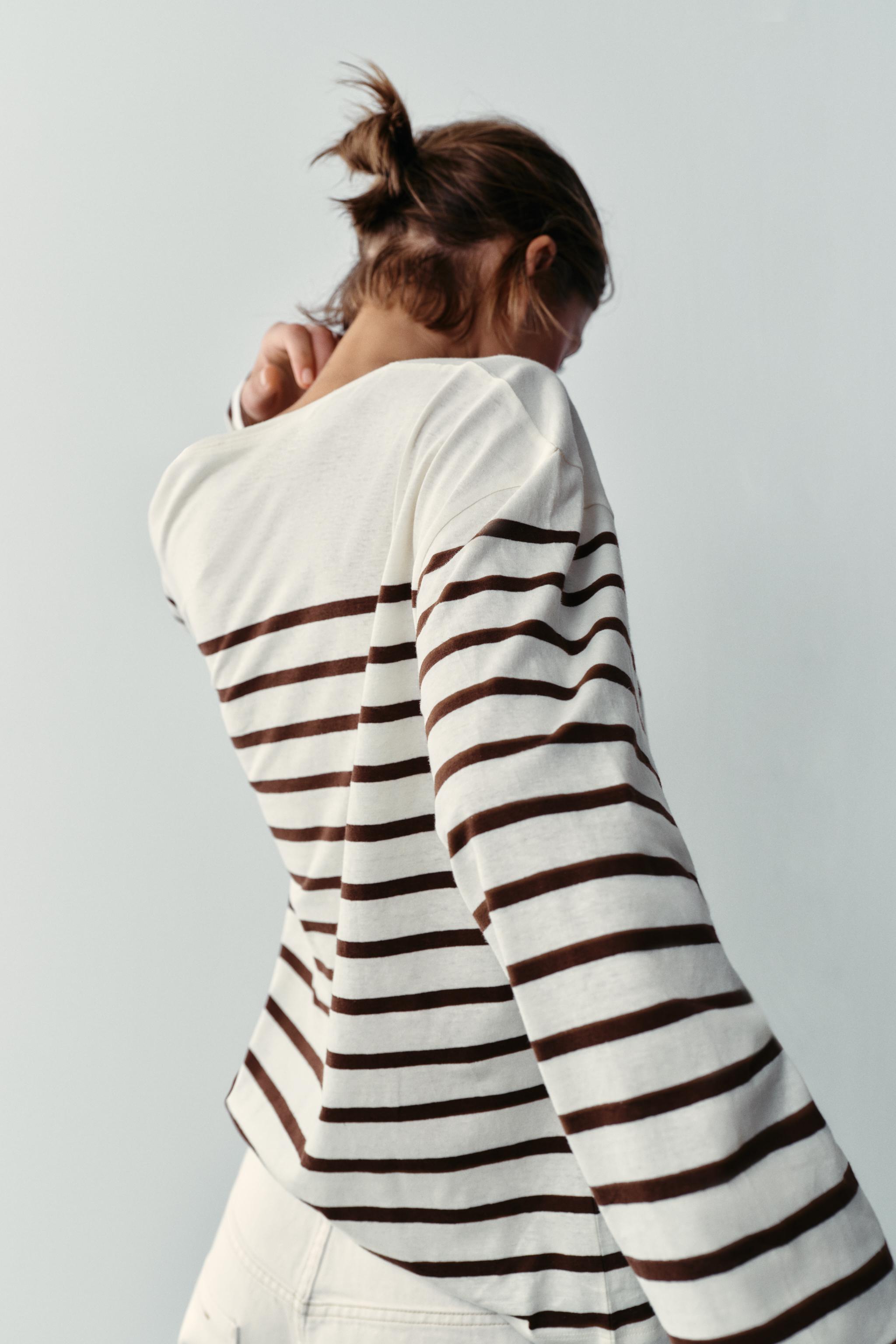 Zara ÇİZGİLİ PAMUKLU VE KETEN T-SHIRT görsel 5