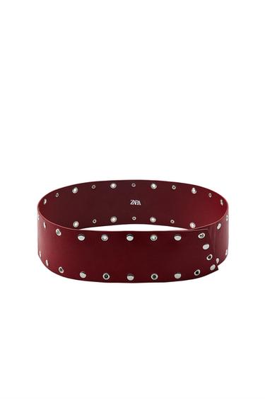 100% LEATHER STUDDED CUMMERBUND BELT - Red by Zara