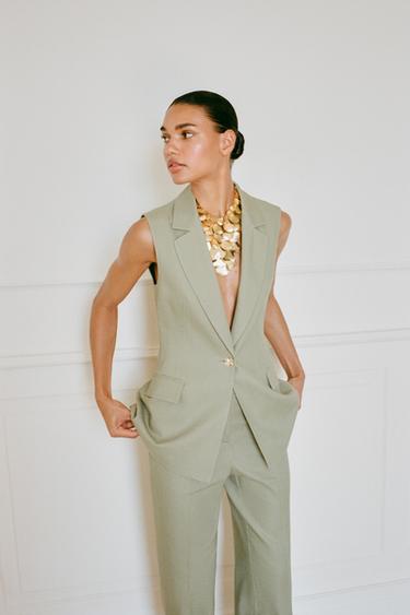 LONG LINEN BLEND WAISTCOAT - Light khaki by Zara