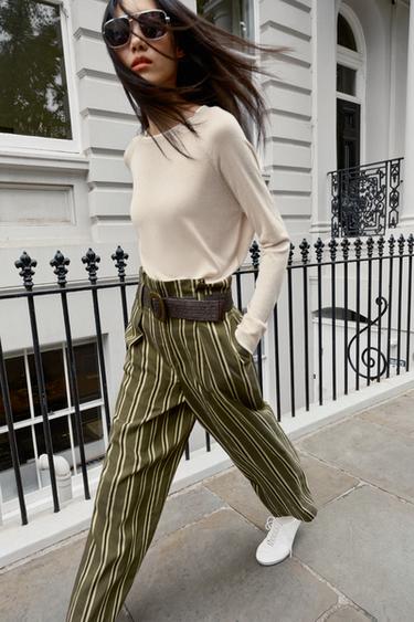 STRIPED TROUSERS WITH BELT - Ecru / Green by Zara