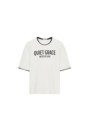 CONTRASTING TRIM SLOGAN T-SHIRT - White by Zara