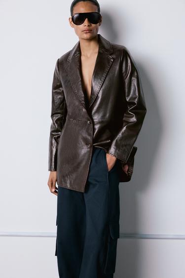 100% LEATHER TOPSTITCHING COAT - Burgundy by Zara