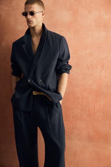 Zara 亞麻棉質混紡雙排扣西裝外套 - 靛青色