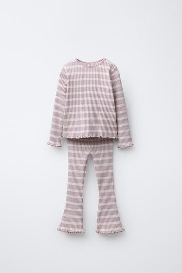 STRIPED RIB FLARE T-SHIRT AND LEGGINGS SET - Light mauve by Zara
