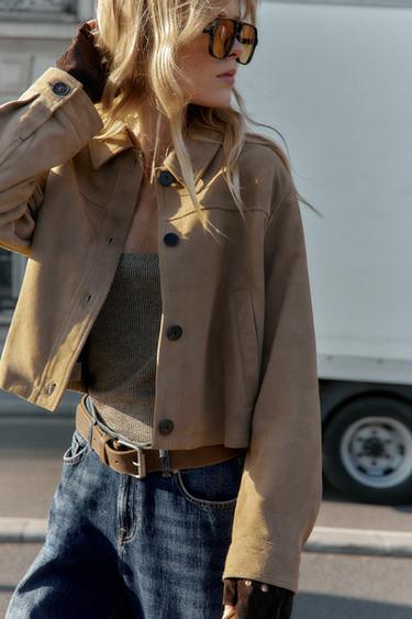 JACKE AUS 100 % LEDER MIT HEMDKRAGEN - Beige von Zara