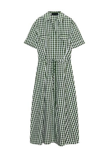 فستان قميصي بمربعات فيشي ZW COLLECTION - أخضر الخاص بـ Zara