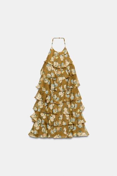 VESTIDO VOLANTES FLORES - crudo/kaki de Zara
