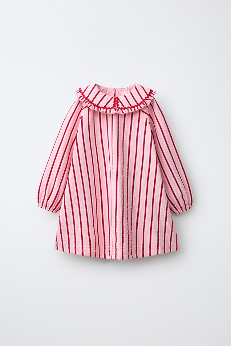 STRIPED PETER PAN COLLAR DRESS — Mid-pink