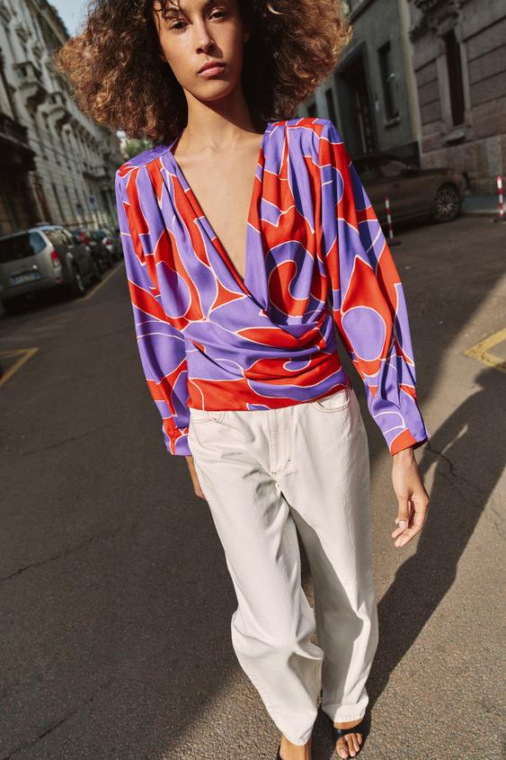 PRINTED SATIN EFFECT SHIRT WITH SHOULDER PADS