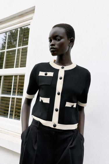 SHORT SLEEVE CARDIGAN WITH POCKETS - Black / White by Zara