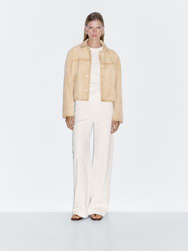 Zara Short suede leather jacket - Ecru / Khaki - Image 0