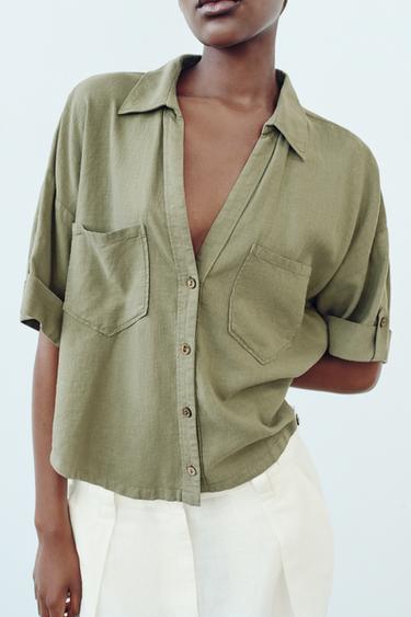SHORT-SLEEVED LINEN SHIRT - Light khaki by Zara