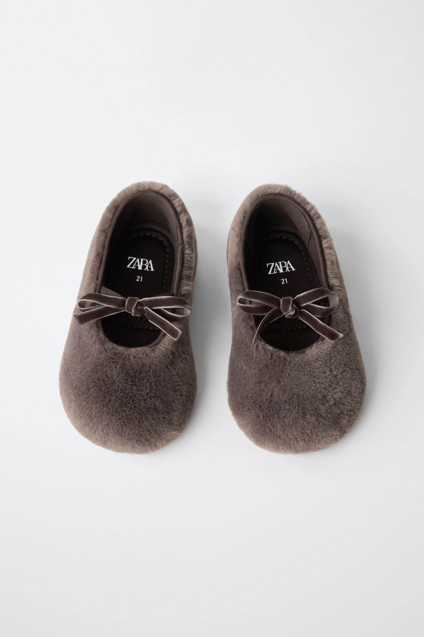 Детские балетки Zara Faux Fur Bow Ballet Flats, цвет: Серо-коричневый серый — фото 4