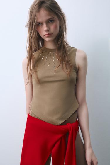 OPEN-BACK STUDDED TOP - camel by Zara