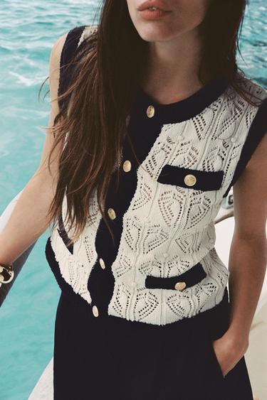POINTELLE KNIT WAISTCOAT TOP - Ecru / Navy by Zara
