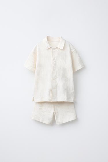 Zara TEXTURED SHIRT AND BERMUDA SET - Ecru