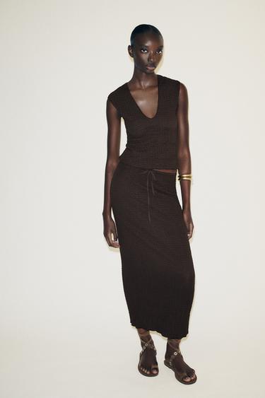 Zara TEXTURED MIDI SKIRT - Chocolate - Image 0