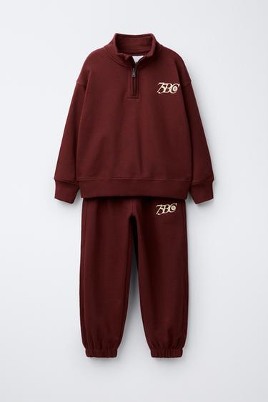 Zara TEXT ZIP-UP SWEATSHIRT AND JOGGER PANTS SET - Burgundy