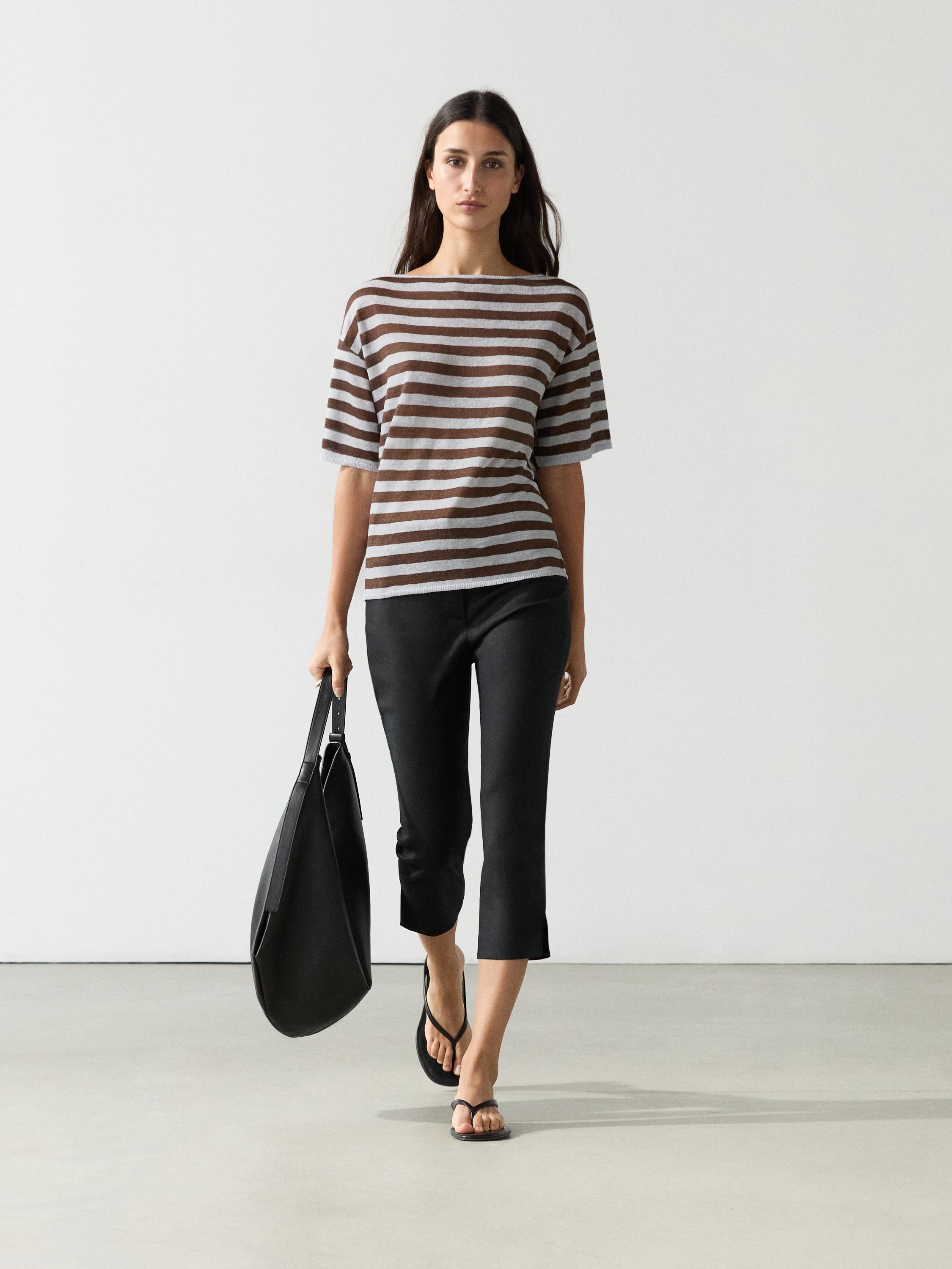 Striped linen boat neck T-shirt