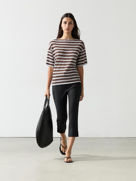 Striped linen boat neck T-shirt from Zara - $90