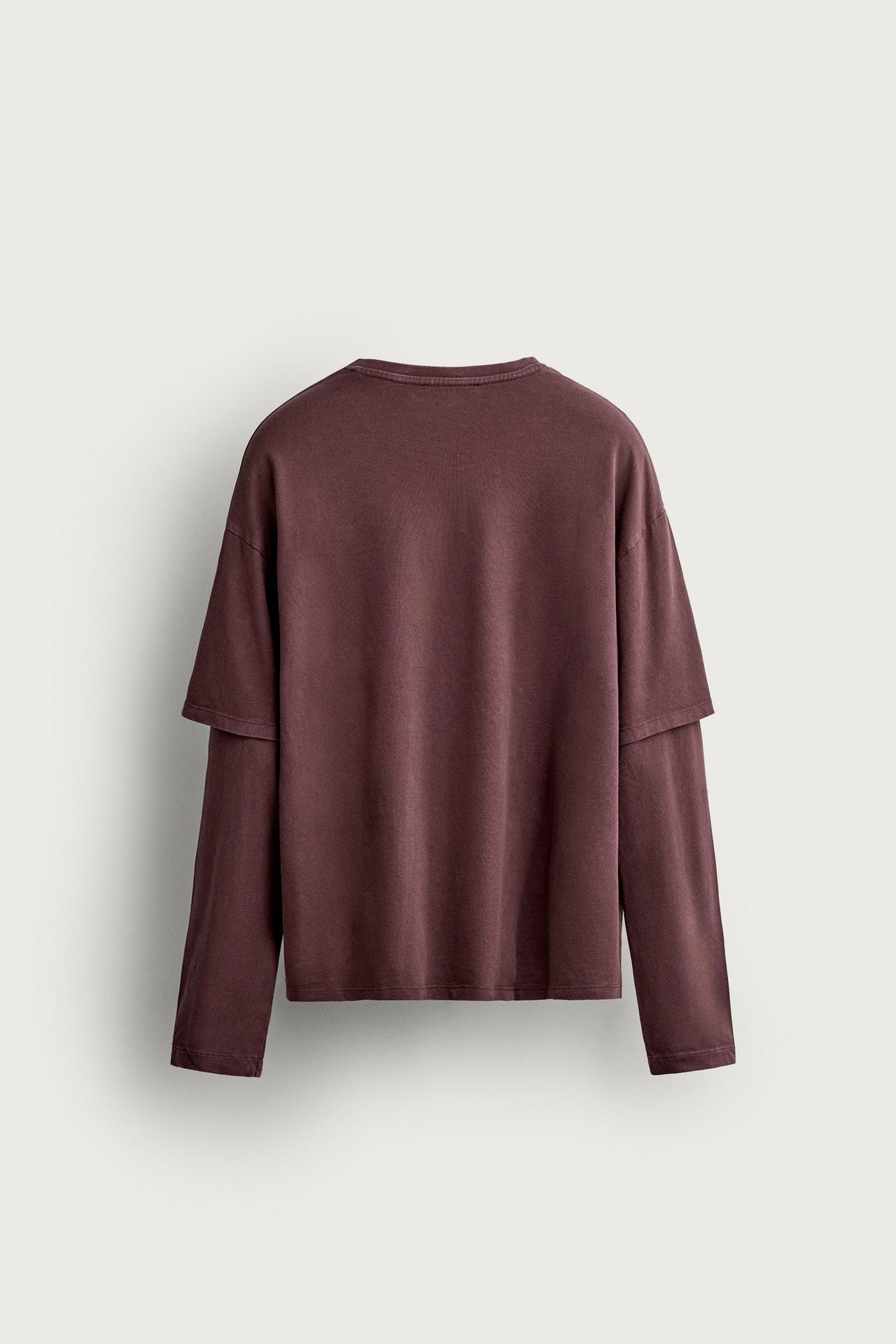 LAYERED EFFECT LONG SLEEVE T-SHIRT — Burgundy
