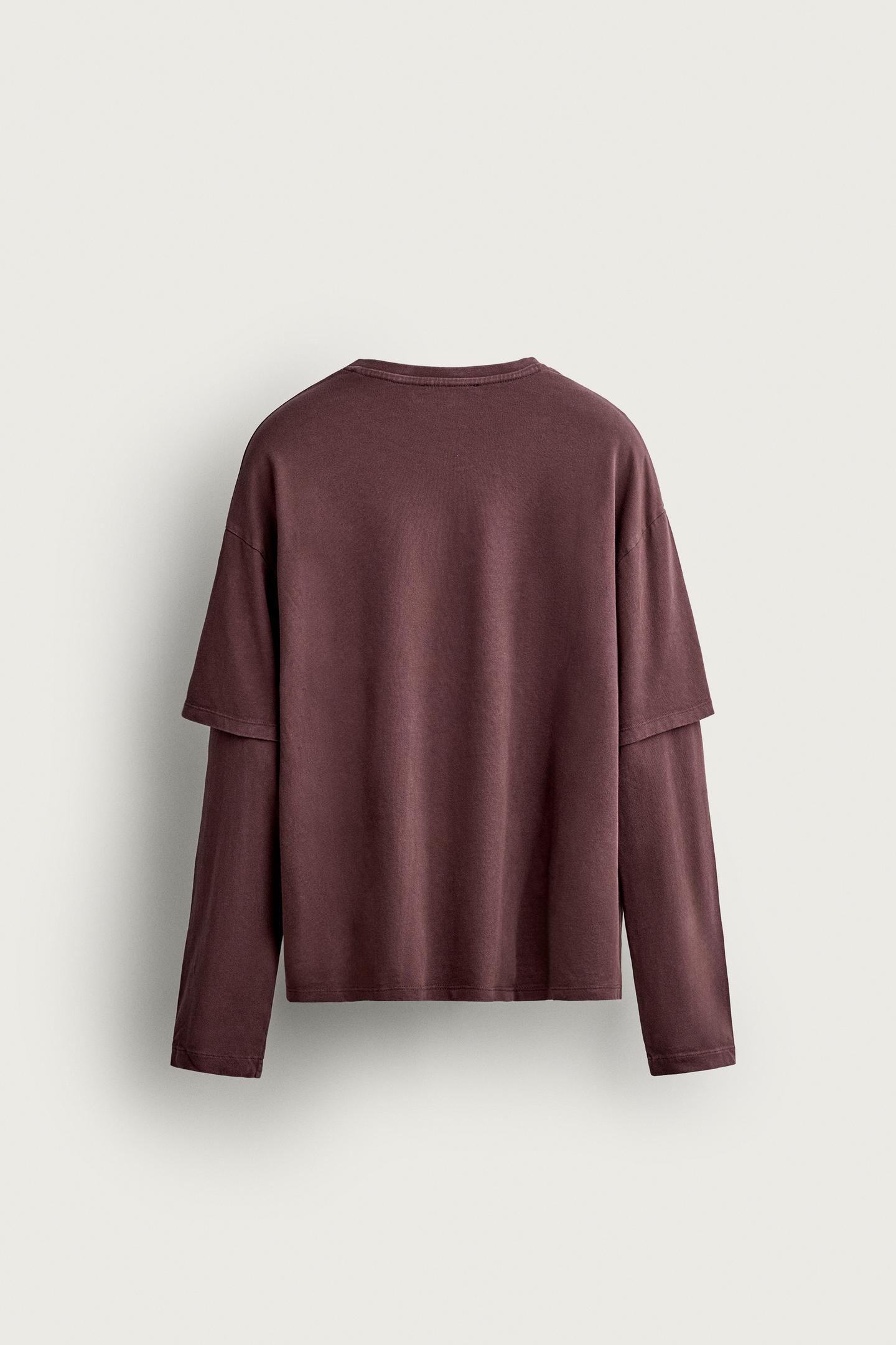 Мужская футболка Zara Layered Effect Long Sleeve, цвет: Бордовый — фото 7