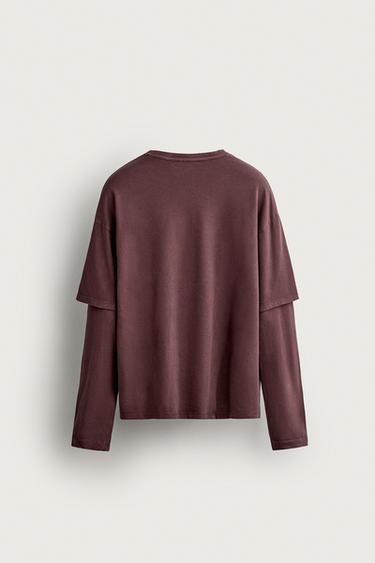 LAYERED EFFECT LONG SLEEVE T-SHIRT — Burgundy 2