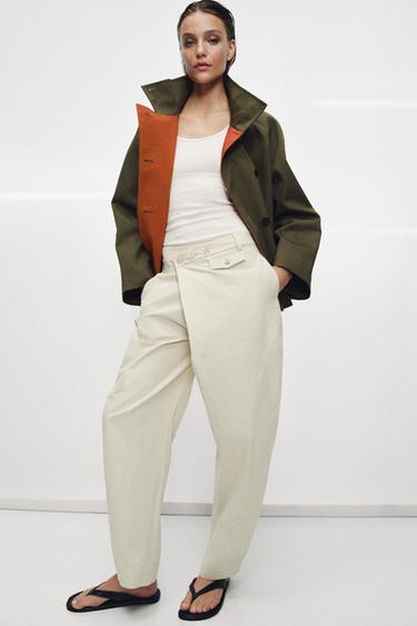 Zara ZW COLLECTION WRAP BUTTON PANTS - Light tan