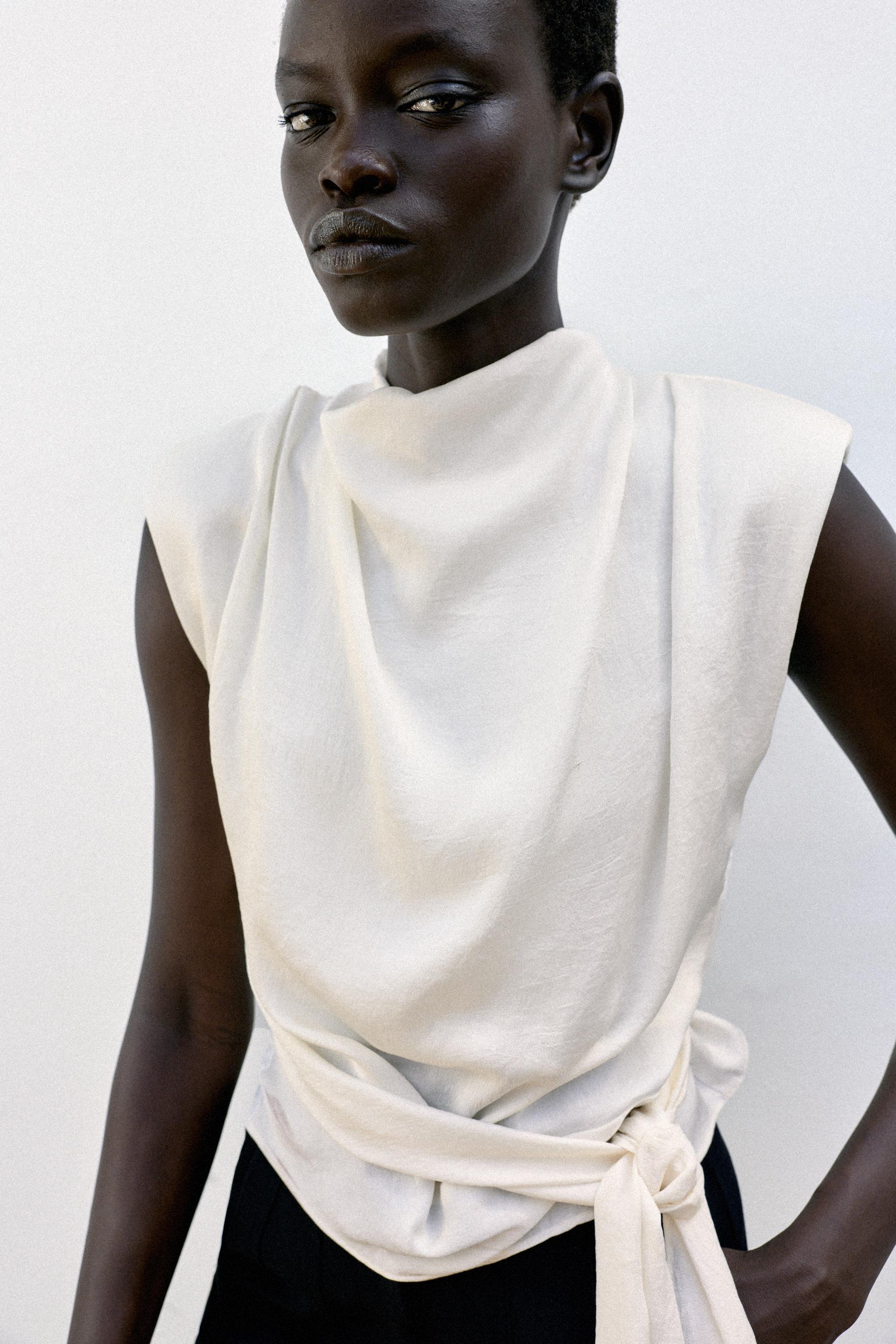 SATIN EFFECT SHOULDER PAD KNOT TOP — Ecru