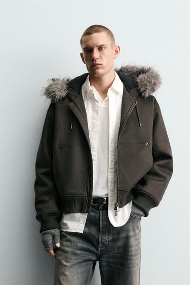 CAZADORA CAPUCHA PELO EFECTO ANTE - Khaki oscuro de Zara