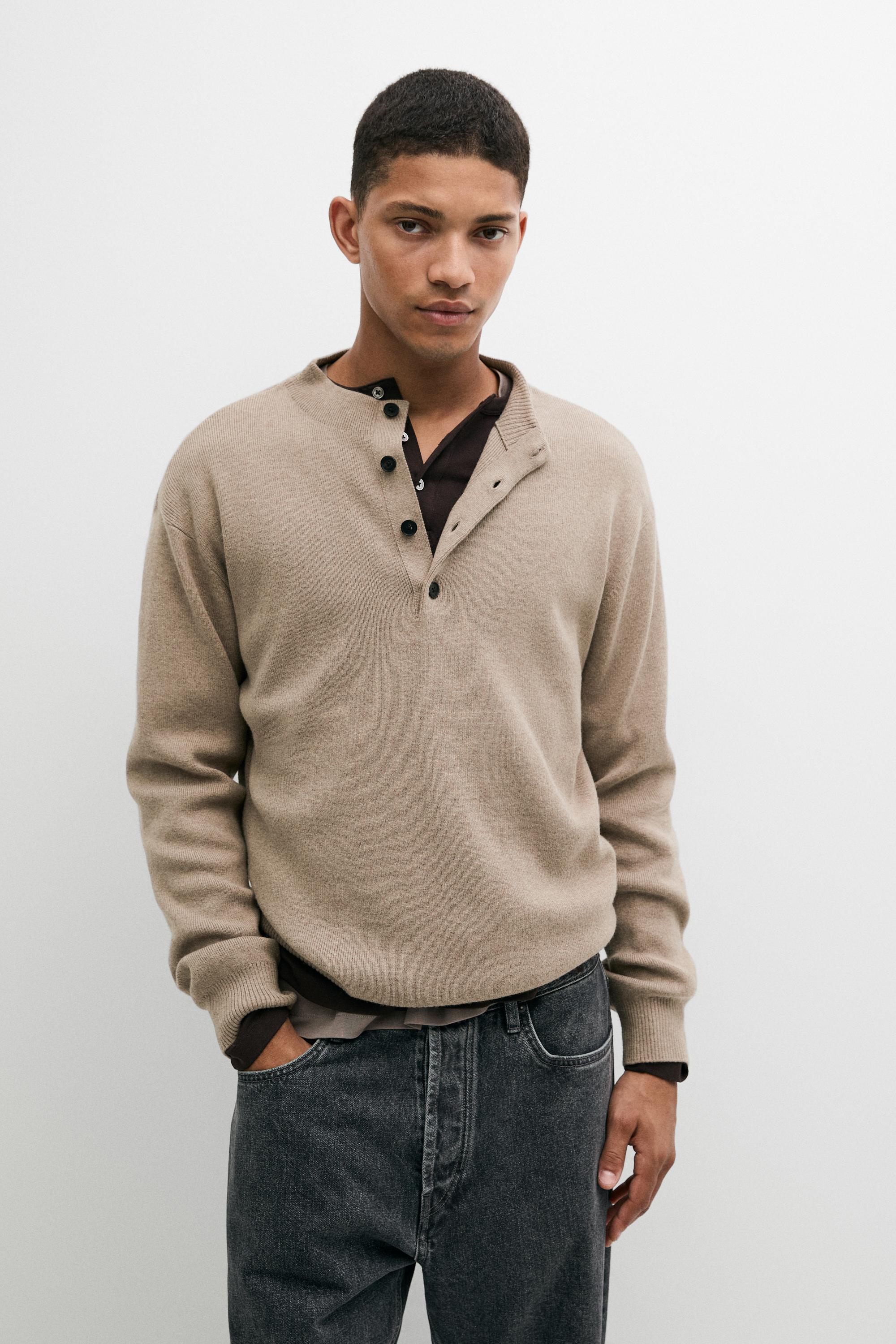 Button mock neck knit sweater