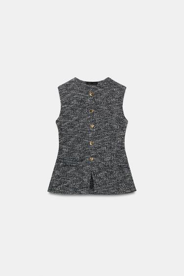 Zara STRUCTURED BUTTON VEST TOP - Black / White