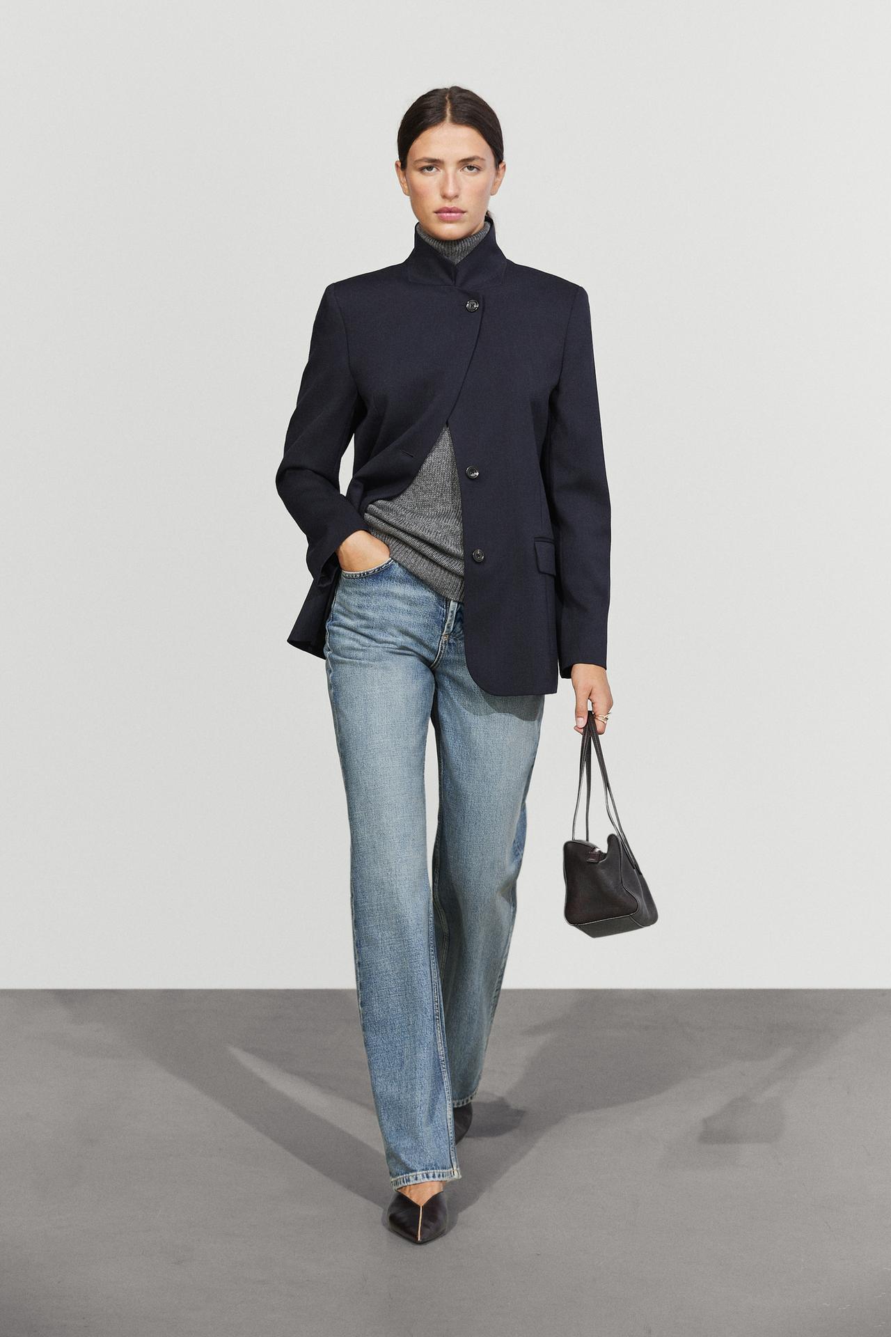 Wool blend blazer with stand-up collar — Deep blue