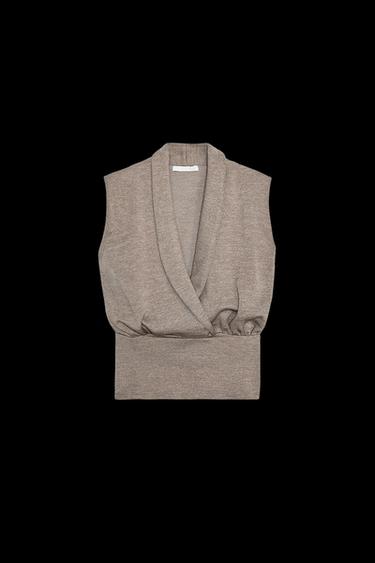 Zara SURPLICE PIQUÉ TOP - Light brown - Image 0