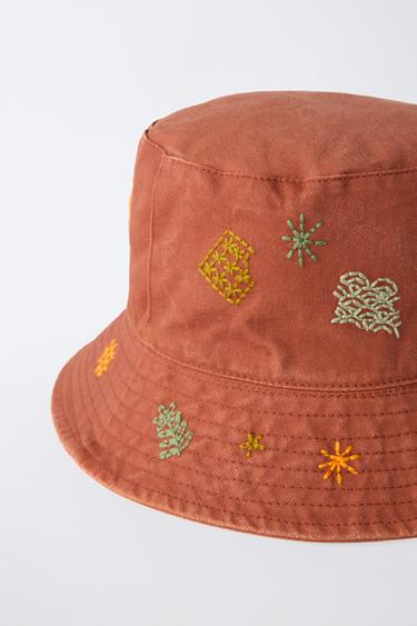EMBROIDERED BUCKET HAT - Orange by Zara