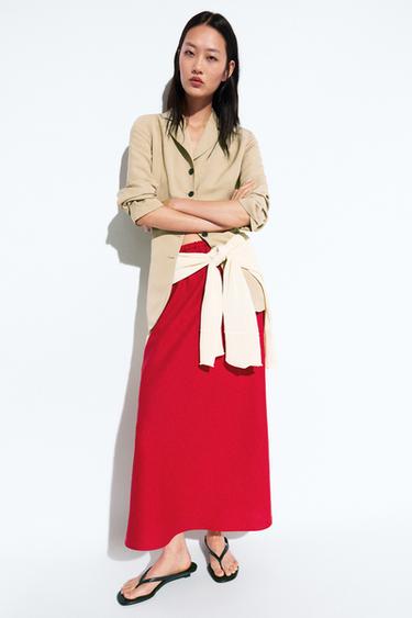 Falda midi goma 100% lino - Rojo de Zara - Imagen 0