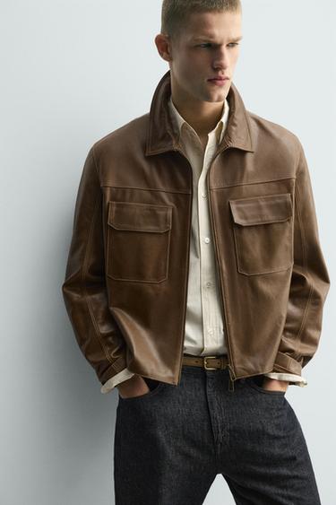 TOPSTITCHED LEATHER JACKET - Taupe by Zara - Image 4