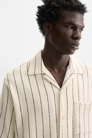 TOWELLING TEXTURED STRIPE SHIRT - Ecru / Navy by Zara - Image 4