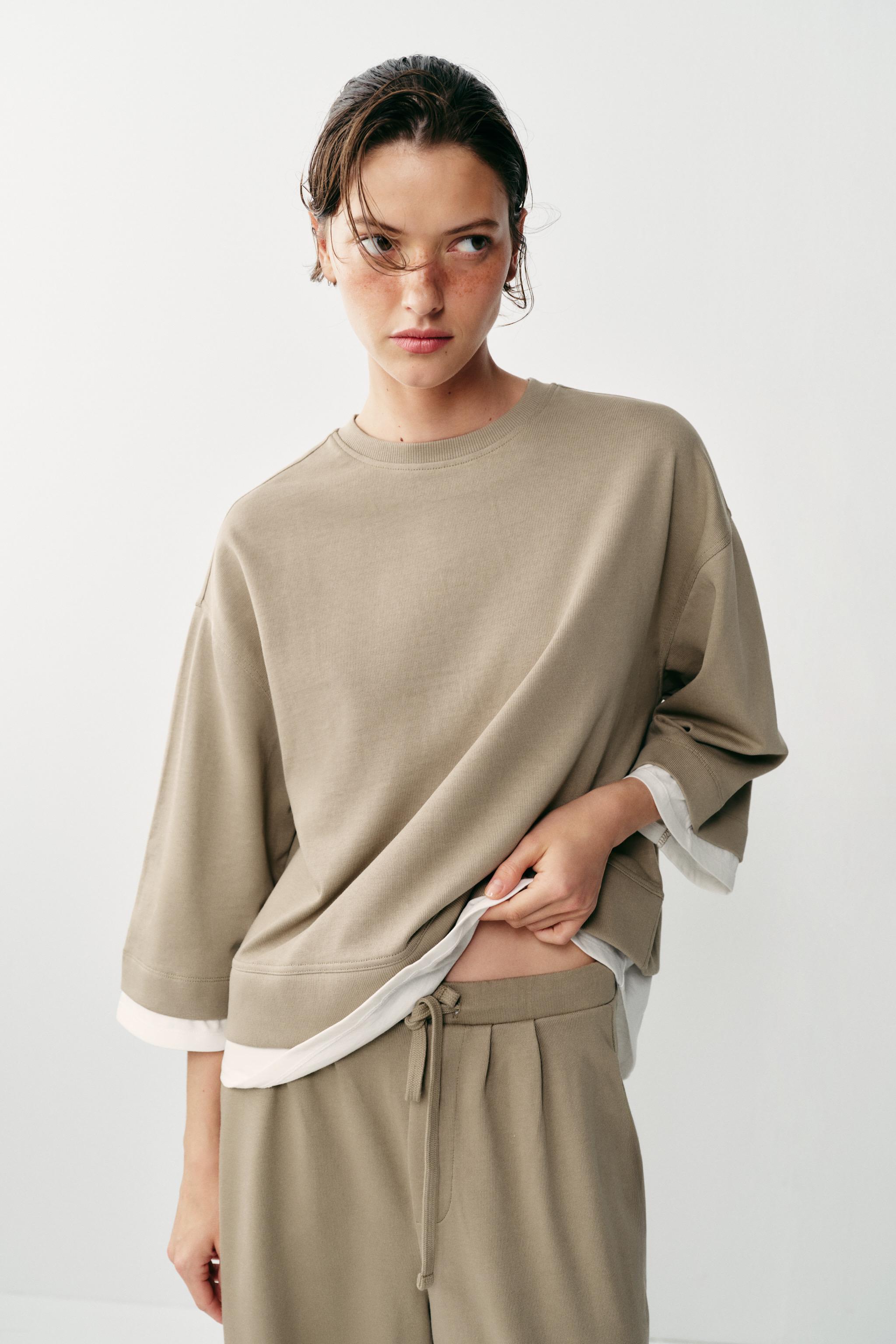 LONG SLEEVE CONTRAST SWEATSHIRT — Mid-camel