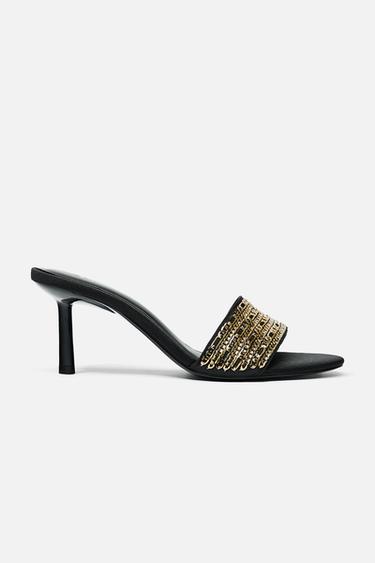 CHAIN DETAIL MID-HEEL SANDALS - Black by Zara