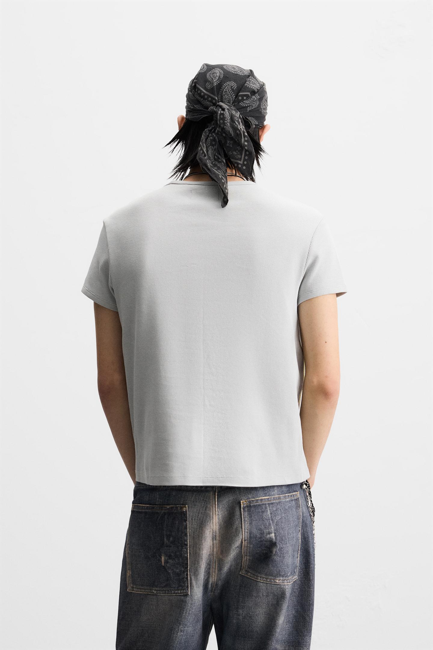 チェック柄テクスチャー素材クロップド丈フィットTシャツ