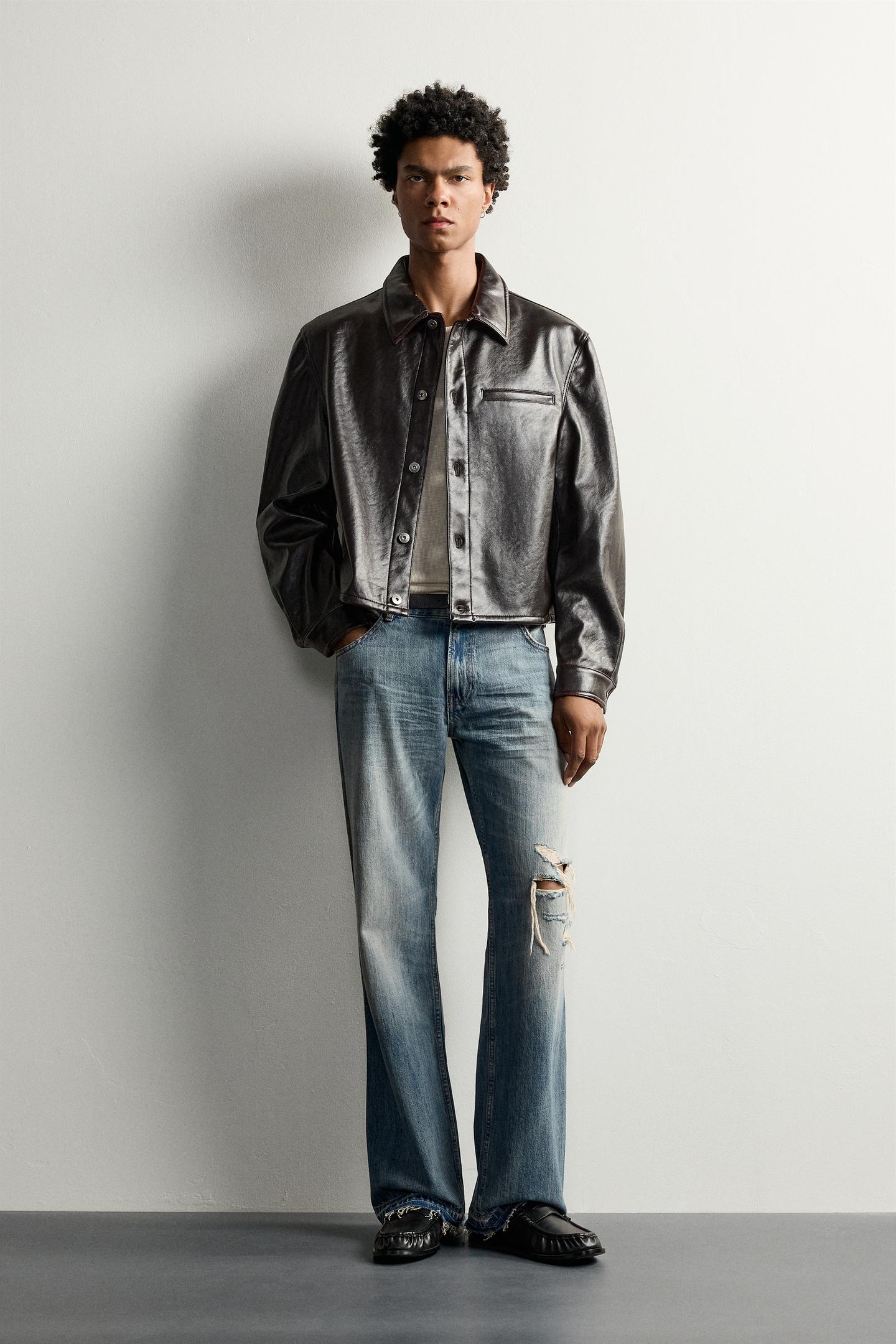 Мужская укороченная рубашка-куртка Zara из экокожи, цвет: Чёрный — фото 1