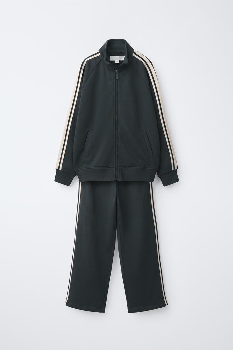 ZIP SWEATSHIRT AND WIDE LEG PANTS SET WITH CONTRAST STRIPES — Blue