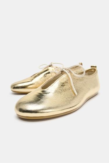 METALLIC EFFECT BOW BALLET FLATS - Golden by Zara - Image 1