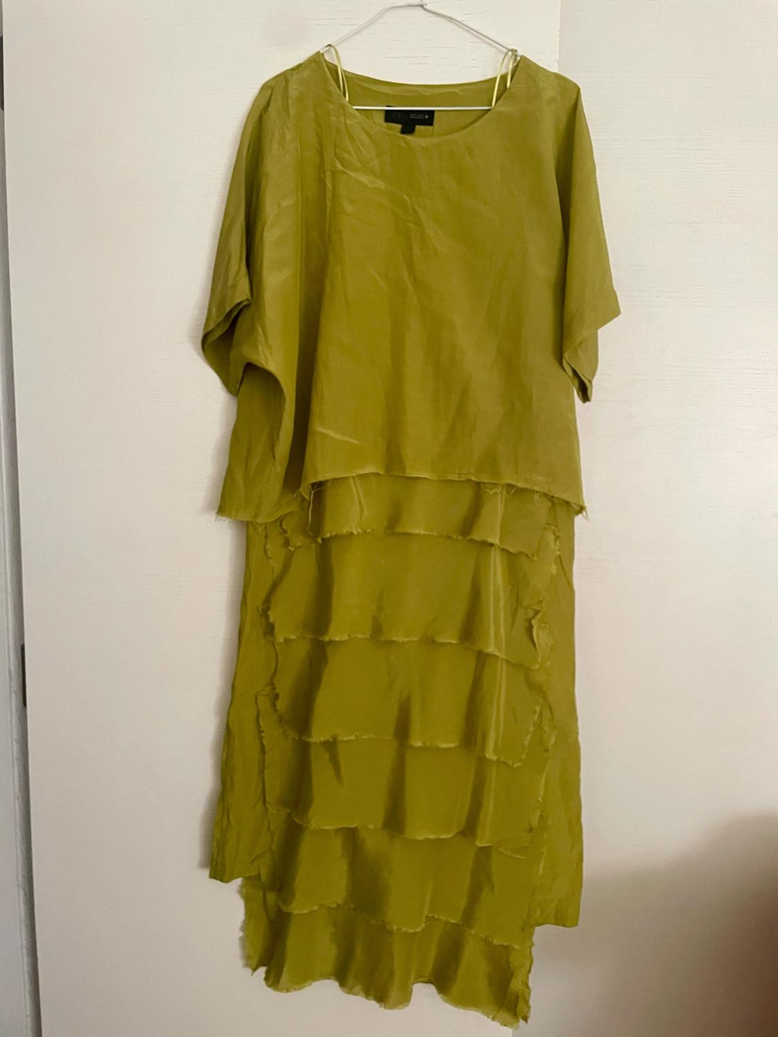 Green short-sleeved dress with a tiered skirt and raw edges, hanging on a hanger over a white door.