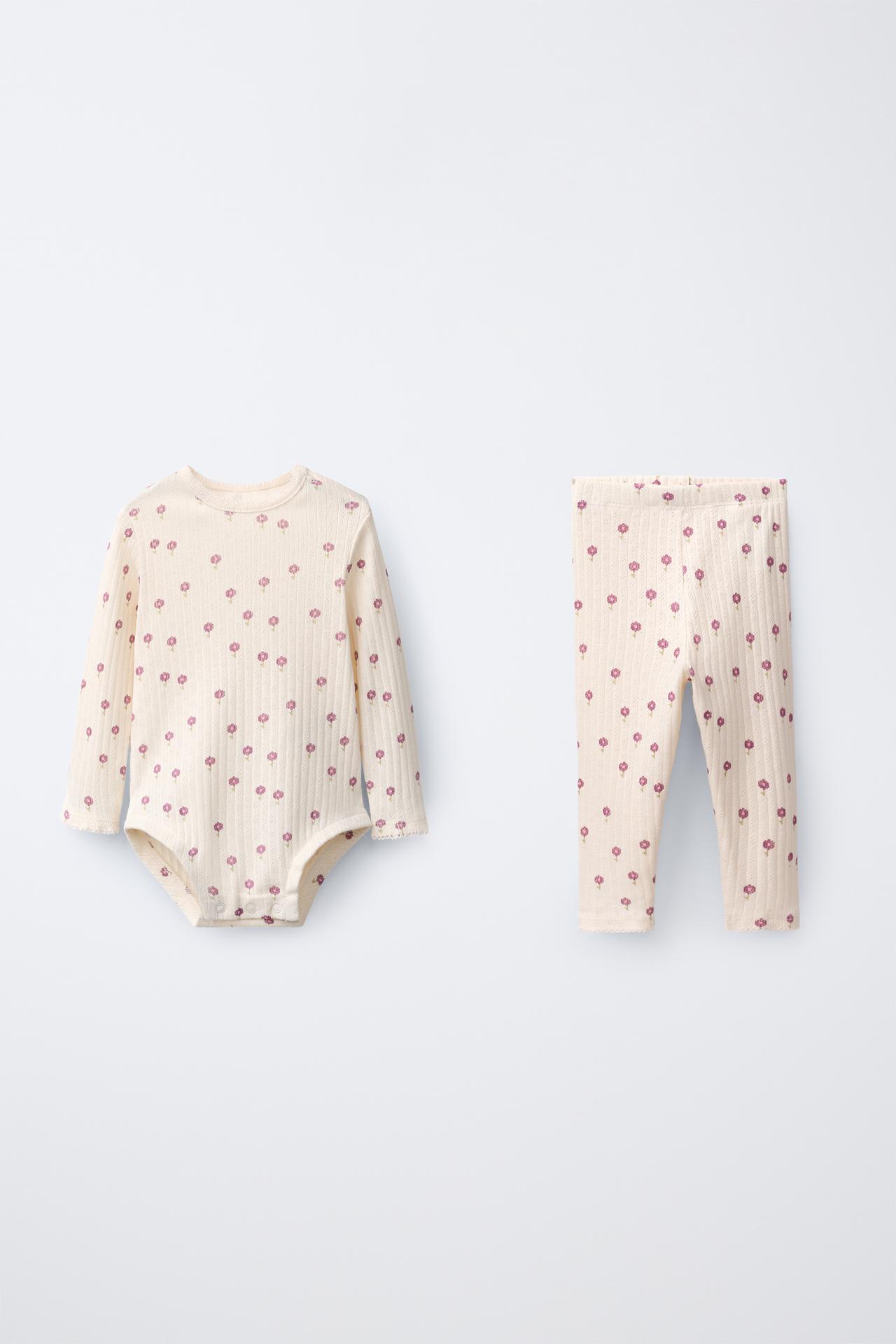 FLORAL PRINT BODYSUIT AND LEGGINGS SET — Pastel pink