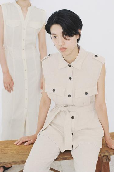 린넨 벨트 롱 베스트 - Zara 라이트 베이지