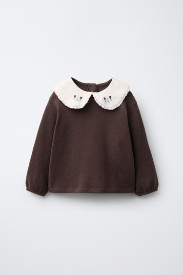 EMBROIDERED SOFT TOUCH PETER PAN COLLAR T-SHIRT - Chocolate by Zara